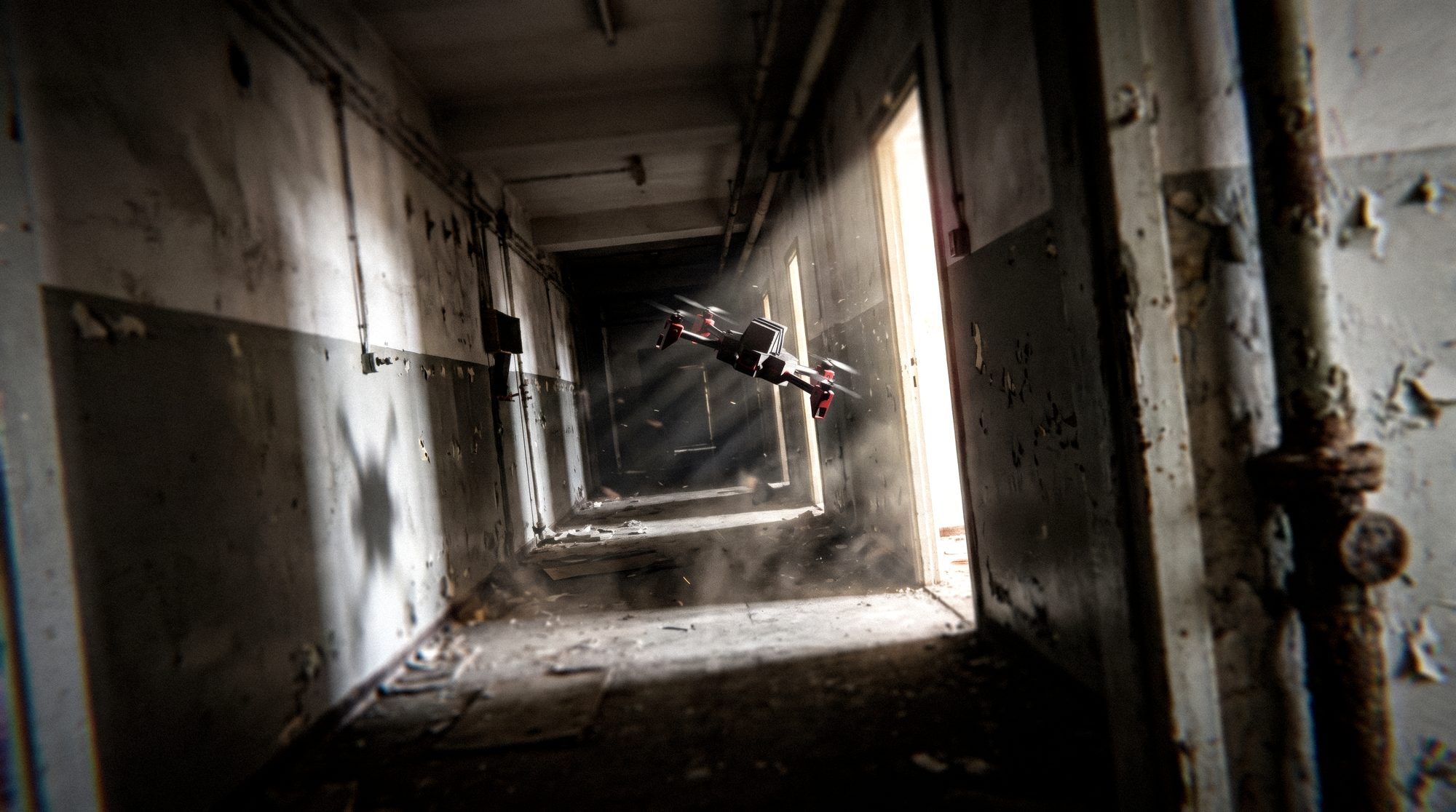 Squirrel flying through a derelict corridor